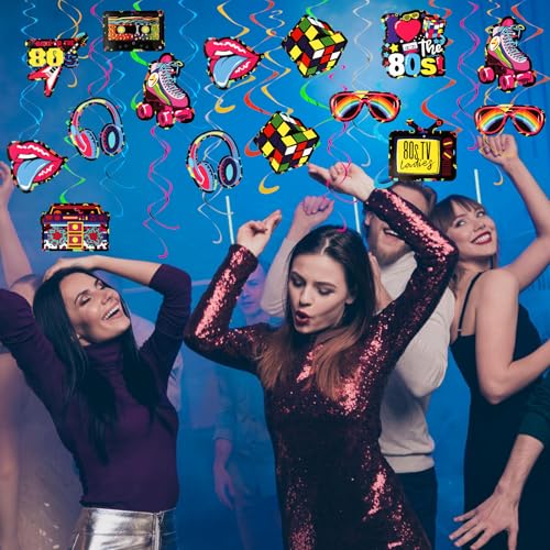 Image of 80s Party Decorations, Kaluofan 38PCS 80s Nostalgic Retro Party Hanging Swirls Ceiling Decorations, 80s Theme Party Background Supplies, Back to 80s Decorations for Adults Rock and Hip Hop Party