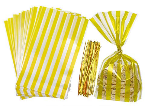 Mini Skater 9.84 inch×6 inch Plastic Clear Flat Cello Cellophane Bag for Packaging Bread Cookie Candy Lollipop Chocolate Snack and Party Favor with Twist Ties (Gold Stripe)