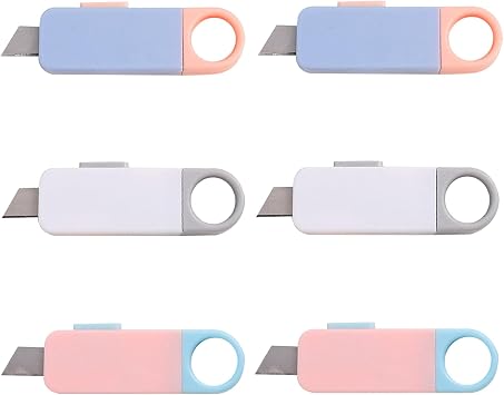 6 PCS Mini Box Cutter,Retractable Letter Opener ,Utility Knives ,Small Package Box Opener,Envelope Slitter for Box Letter Envelope with Key Chain Hole