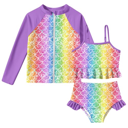 Image of Funnycokid Girls Swimsuit Kids Bathing Suit Rashguard Swimwear Long Sleeve 3 Piece Toddler 3-7 Years