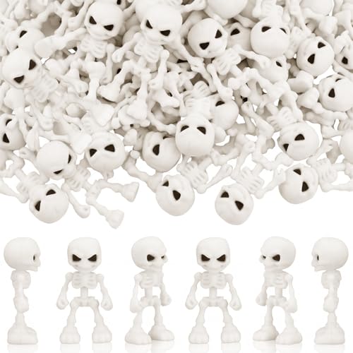 Junkin 50 Pcs Halloween Mini Skeleton Figures Tiny Skulls Cute Design Soft Rubber Skeleton Decorations Miniature Skulls Figures Ornaments for Indoor Fireplace Haunted House Accessories Party
