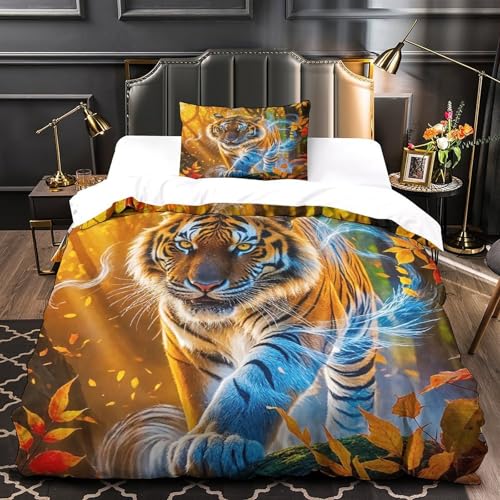 Linge de lit tigre 3D microfibre 135x200cm anti-pli avec fermeture éclair cachée