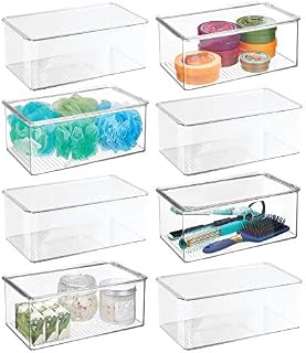 mDesign Bathroom Plastic Stackable Storage Box Container, Hinged Lid - Cabinet, Vanity Organizer