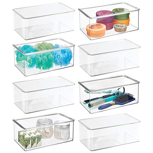 mDesign Bathroom Plastic Stackable Storage Box Container, Hinged Lid - Cabinet, Vanity Organizer