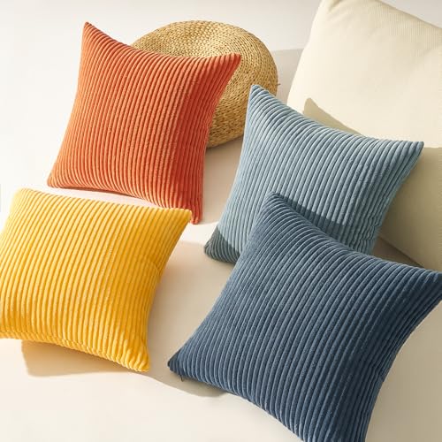 Image of Topfinel Burnt Orange and Blue Couch Pillows Pack of 4 Decorative 16x16 Inch Velvet Pillow Covers for Bed Accent Modern Corduroy Pillowcase Sofa Livingroom Home Decor