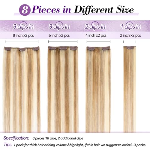 Image of Clip in Hair Extensions Real Human Hair 18 inch 100g /3.6oz Straight Seamless Invisible Human hair Extensions Clip ins for Women Double Weft 8pcs Light Blonde to Golden Blonde