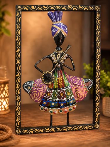 Image of iHandikart Metal Wall Art for Home Decor | Rajasthani Folk Musician Wall Sculpture with Stone Work | Hand-Painted Iron Wall Hanging for Living Room, Bedroom, Hallway, Office | 11.5 x 8 Inch