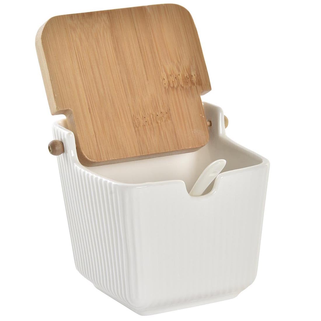 Portaspezie - Saliera con Coperchio in Legno - Zuccheriera - Contenitore per Condimento in Ceramica - Bianco (Modello 3)