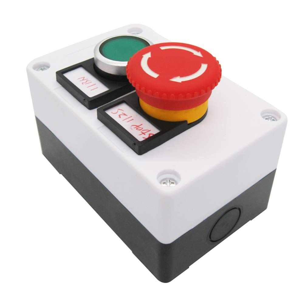 Taiss Interruptor de emergencia, botón verde, seta roja, interruptor de presión de bloqueo, 440 V, 10 A, 1NO 1NC, caja HZ-11ZS-G