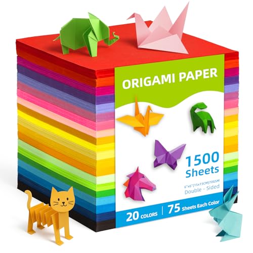 Umikk 1500 Sheets Origami Paper 6x6 Inch Square, 20 Vivid Colors Origami Kit for Kids Ages 8-12, Double Sided Same Color Origami Papers Bulk for School, Arts and Crafts Projects