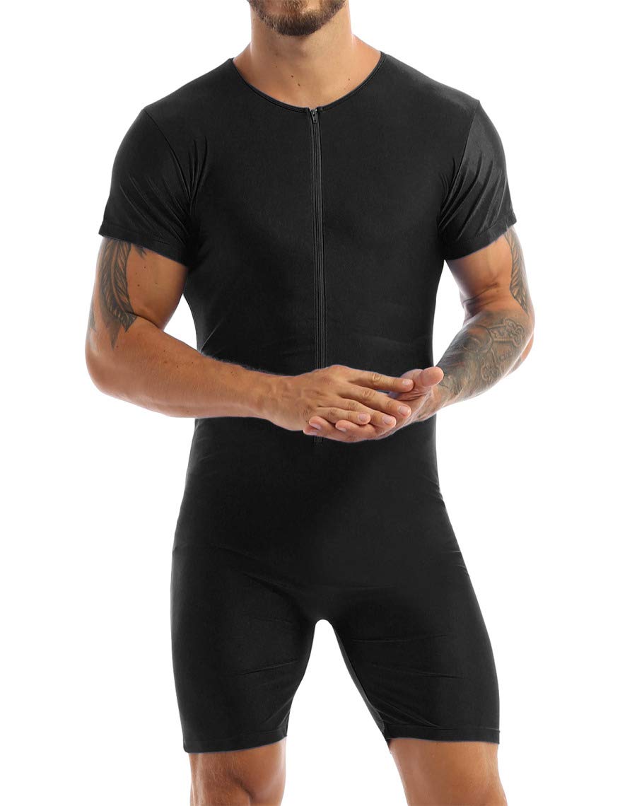 easyforever Men's Stretchy Short Sleeves Leotard Gym Workout Athletic Wrestling Singlet Bodysuit Black X-Large