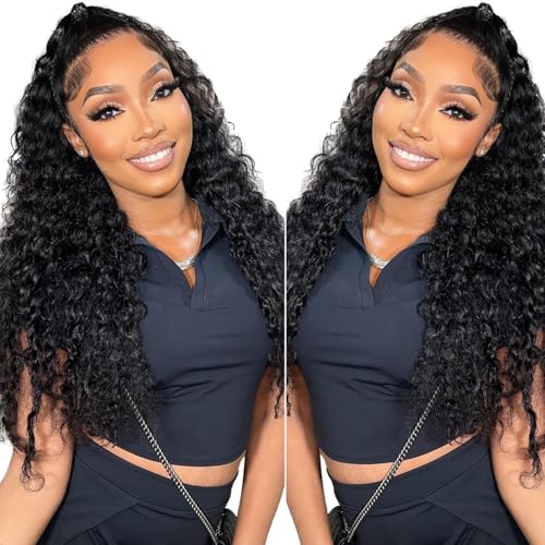 Glueless Wigs Human Hair Pre Plucked Pre Cut 13x4 Deep Wave Lace Front Wigs Human Hair Upgraded Glueless Wig Ready To Wear Glueless HD Lace Front Wigs For Black Women Wear And Go (20 Inch)