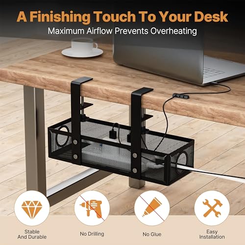 Image of Livzing Adjustable Under Desk Cable Organizer Rack - Metal Mesh Clamp-On Cable Organizer & Power Strip Holder for Home Office, Computer Desks - Office Cable & Wire Organizer Tray (Black, 35 cm)