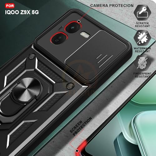 Image of Armor Bumper Back Cover Case for IQOO Z9X Rotating Camera Cover, Ring Holder & Kickstand | Heavy Duty & 360 Degree Protection IQOO Z9X Back Cover (Black)