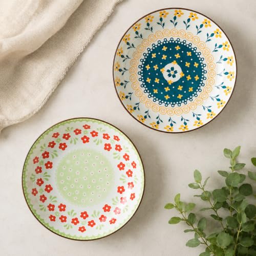 Image of 6-Piece Ceramic Dinner Set, 2 Plates & 4 Bowls, Microwave Safe, Dishwasher Safe, Floral Dinnerware (Bohemian Garden Collection, 2 Plate & 4 Bowl Set)
