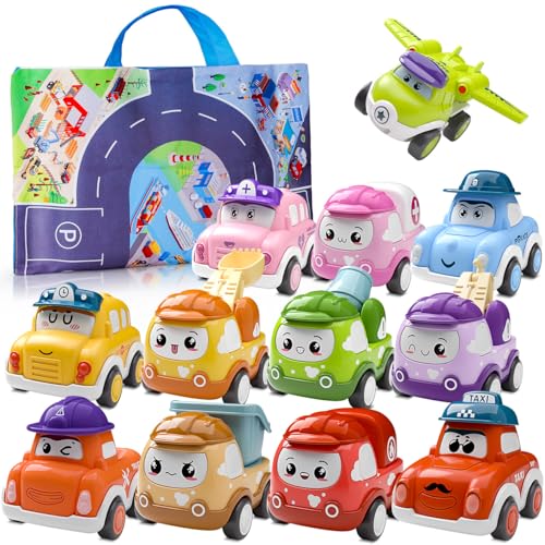 Kiddiworld Mini Car Toys for 1 Year Old Boy Gifts, 12 Sets Pull-Back Trucks with Playmat for Toddlers Age 1-2, Baby Toys 12-18 Months, 1st Christmas Birthday Gifts for One Year Olds