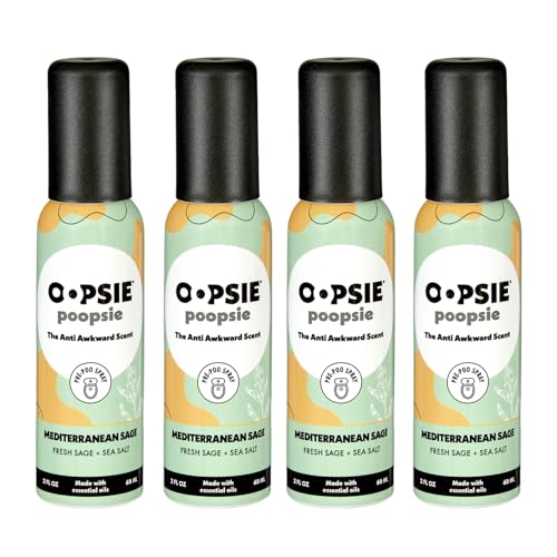 Oopsie Poopsie Toilet Spray Before & After You Go Bathroom Odor Eliminator & Neutralizer Spray Travel Size with Essential Oils TSA Approved Mediterranean Sage 4 Pack 2 Oz.