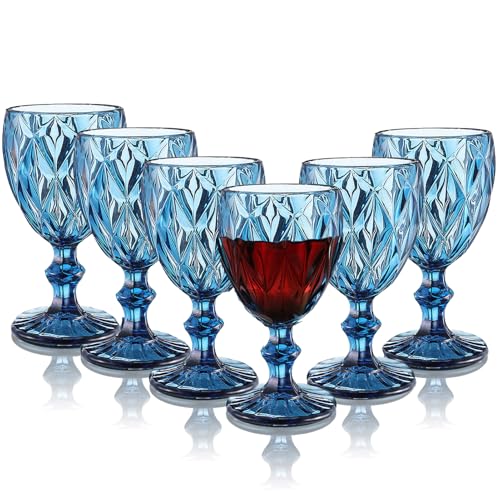 Lot de 6 verres à vin rouge vintage de 300 ml - Verres à vin en cristal - Pour mariage, cocktail, maison, restaurant, fête, Noël - Bleu clair