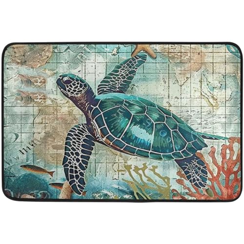 Sea Turtle Doormat Nautical Ocean Theme Starfish Retro Map Floor Mats Non Slip Washable Indoor Outdoor Entrance Bathroom Door Mat Home Decor, 23.6 x 15.7 inch