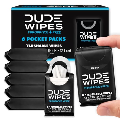 DUDE Wipes Unscented Pocket Packs - Travel Wipes - 6 Packs of 8 (48 Count) - On-The-Go Adult Flushable Wipes for Sensitive Skin - Infused with Vitamin E and Aloe - Septic and Sewer Safe