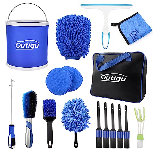 Kit di pulizia professionale per auto, 17 lavaggio esterno e interno con spazzola per ruote, secchio, bocchette d'aria, guanti per lavaggio, spugne, raschietto per finestrini, , spazzola per dettagli