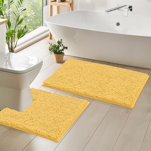 LuxUrux Bath Mat Set - Non-Slip Bathroom Mat and Square Cut-Out Pedestal Mat for Toilet - Perfect for Modern Bathroom Décor. (Yellow, 50 x 80 cm + Square Shaped 50 x 50 cm)