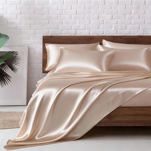 Image of MR&HM Satin Bed Sheets, Queen Size Sheets Set, 6 Pcs Silky Bedding Set with 15 Inches Deep Pocket for Mattress(Queen, Taupe)