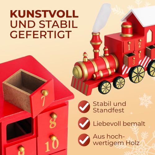 SPIELWERK® Wiederverwendbarer Adventskalender Lokomotive Bunt Bemalt Zum Befüllen 24 Türchen Weihnachten Kinder DIY Weihnachtliche Holz Dekoration