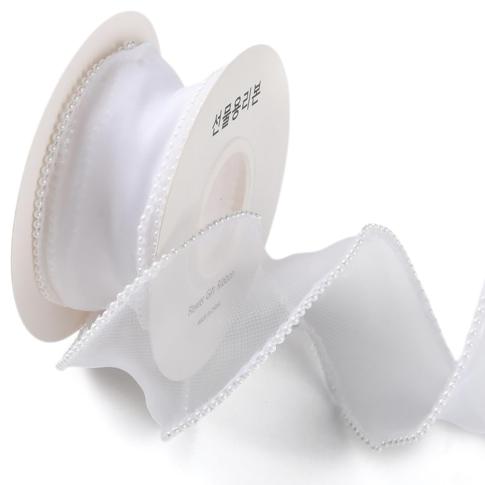 CABODYALS 4.57M 40mm White Faux Pearl Edged Ribbon Organza Sheer Fishtail Yarn Trim Mesh Shimmer Transparent Ribbons Rolls with Spool for Diy Crafts Corsage Wedding Invition Cake Decoration