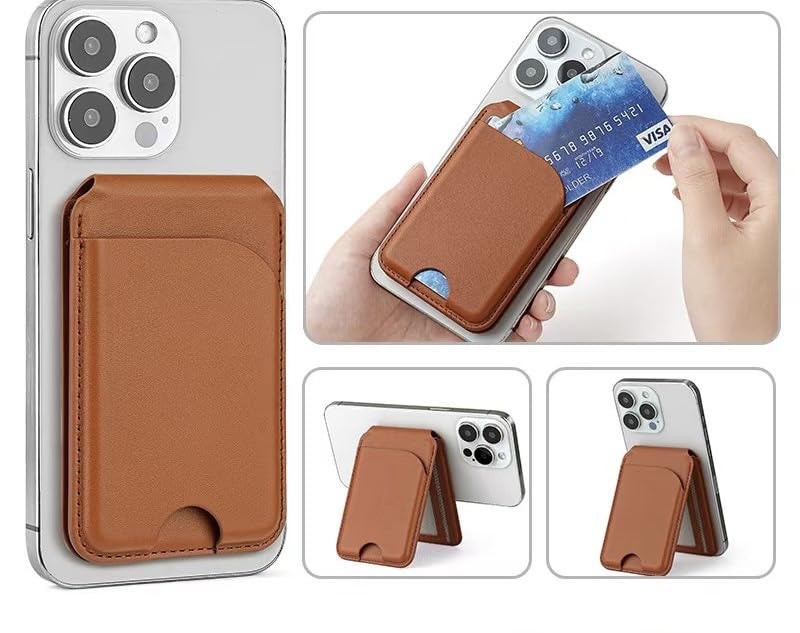Image of Meyaar Magnetic Wallet for iPhone & Android | MagSafe Card Holder with 2 Adhesive Metal Rings | 5 Card Holder for MagSafe Cases & Android Phones | Vegan Leather (Brown)