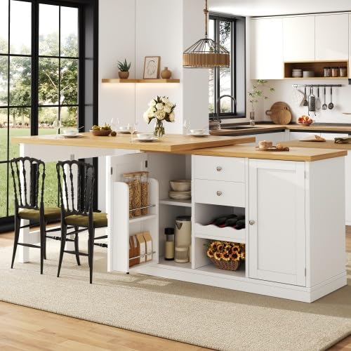 Merax Extendable Table Kitchen Island with Storage, 120-197 cm Dining Table & Sideboard Combo, Breakfast Bar Table with 2 Drawers, Snack Rack and Wine Rack, Farmhouse Kitchen Cabinet for Small Flats — image 1
