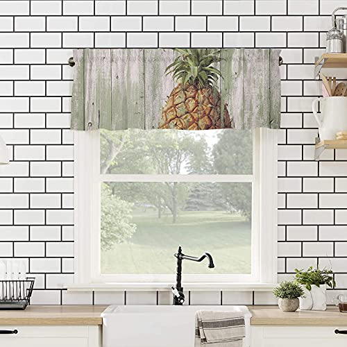 Summer Retro Pineapple Window Valance Rod Pocket Short Curtain Tropical Fruits On Wooden Board Privacy Kitchen Valances, Windows Curtains Drape For Bathroom Living Room Vintage Farm Wood Grain #TOP3