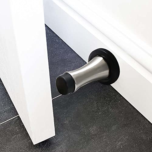 Image of Volo Set of 2 Pcs Heavy Duty Stainless Steel Wall Mounted Door Stops, Rigid Door Stopper with Low Mounted Black Rubber Bumper Tips, Protect Wall & Door for Kitchen, Bedroom, Office
