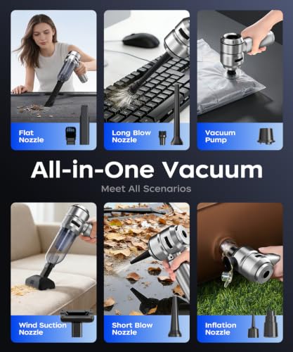 Image of VNOST Car Vacuum,3 Suction Modes,Portable Mini Cordless Cleaner with 50000pa Suction Power,Type-C Charge,Handheld Vacuum for Home,Car,Birthday Gifts for Men Dad(Silver)