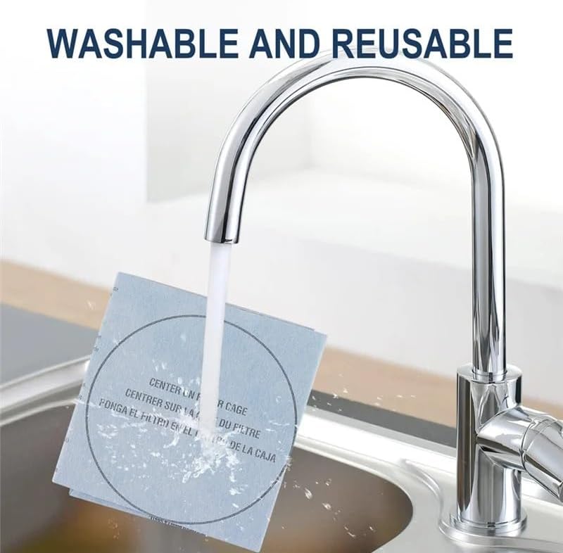 A sponge filter being rinsed under running water from a faucet, demonstrating its washable and reusable nature.