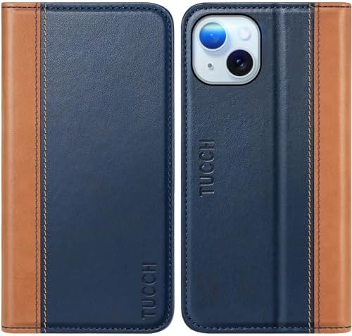 TUCCH Case Wallet for iPhone 15 6.1, PU Leather Folio Case with [RFID Blocking] [3 Card Slot], Kickstand Book Design [Shockproof TPU Interior Case] Compatible with iPhone 15 5G 6.1-inch, Brown & Blue