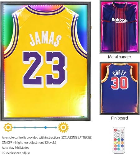 Image of Jersey Frame Display Case with LED for Wall 3-Pack, Large Lockable T-Shirt Shadow Box, Clear UV Protection Acrylic and Hangers for Football Basketball Baseball Soccer Hockey, Matte Black