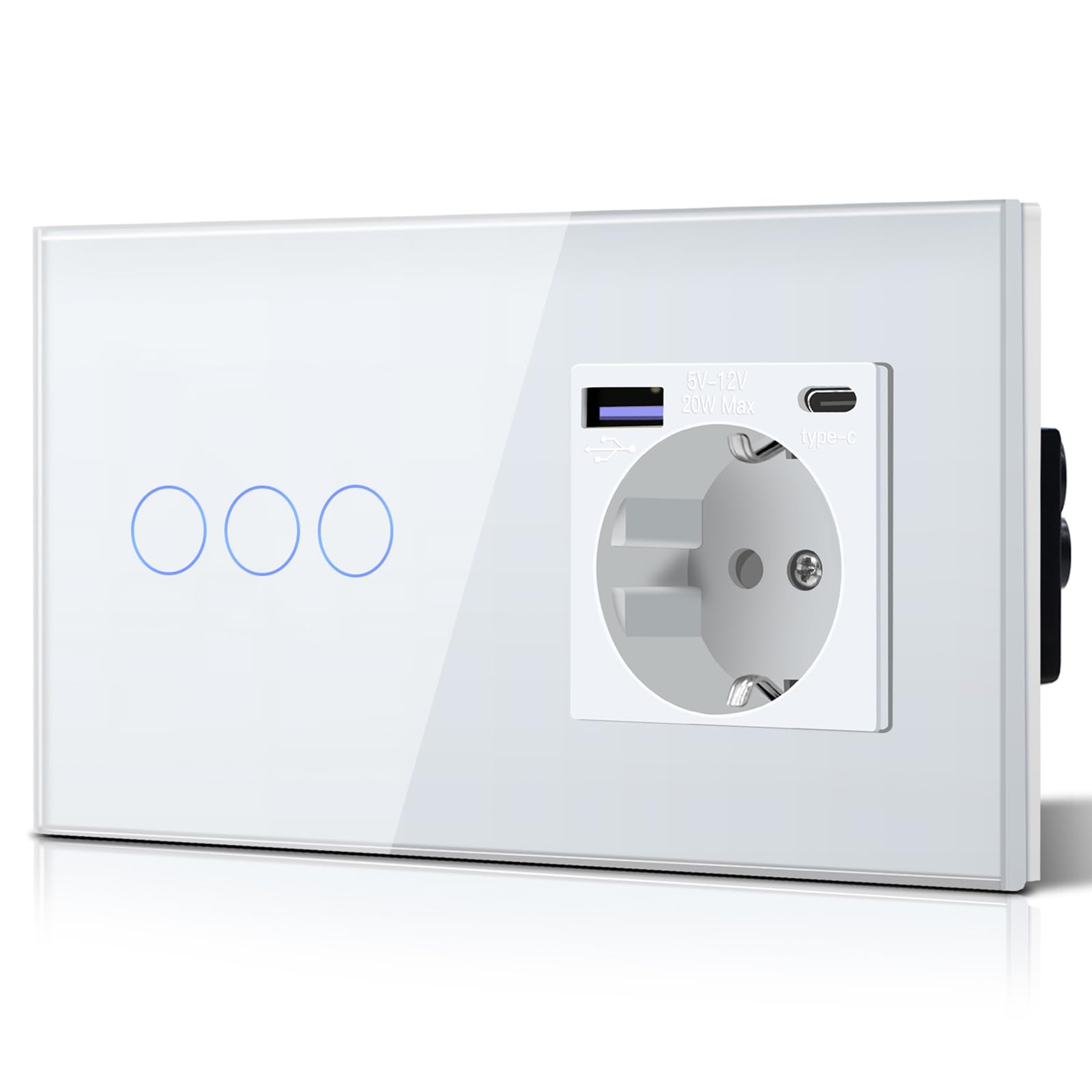 BSEED Enchufe Pared con 20W USB y Tipo C,Enchufe USB C de Cristal,Carga Rápida,3 en 1，Fácil Instalación,1 Enchufe,86mm Blanco — view 63