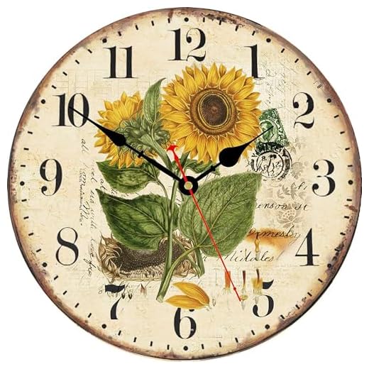 TAHEAT Vintage Floral Wall Clock, Yellow Summer Sunflower Kitchen Decor and Accessories, Decorative Battery Operated Clocks for Living Room Bedroom Bathroom Farmhouse, 12 Inch