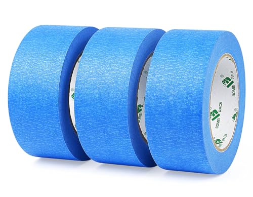 BOMEI PACK Cinta de Pintor Azul 1.88 Pulgadas x 60 Yardas 3 Rollos Cinta de Enmascarar Azul Sin Residuos Para Pintar Paredes, Manualidades y Bricolaje