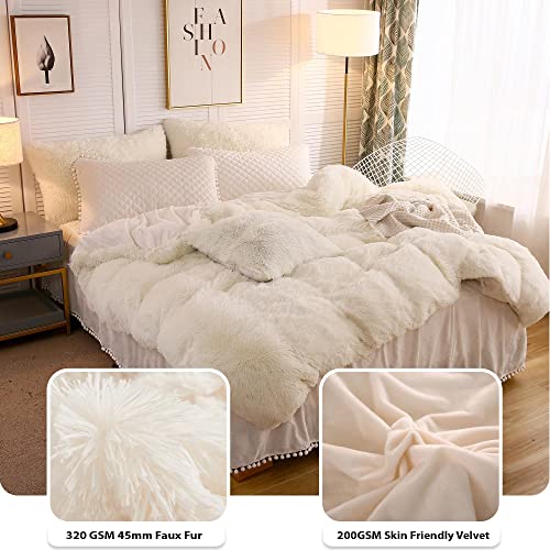 Image of LIFEREVO Luxury Plush Shaggy Duvet Cover Set, Soft Velvet Fluffy Furry Duvet Cover Set(1 Ivory Faux Fur Fuzzy Comforter Cover+2 Pompoms Pillowcases)Solid Bedding Set, Zipper Closure(King, Light Beige)