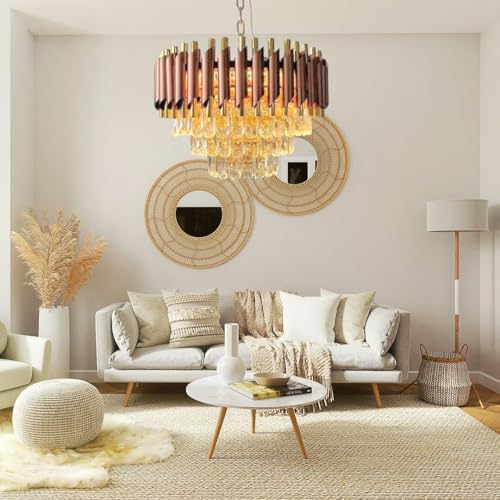 Image of Modern Ceiling Lamp 3-Tier Round Crystal Chandelier for Living Room | Modern Ceiling Light Jhumar for Hall for Home Decoration + 3 Color LED Light (Brown Gold, 400MM)