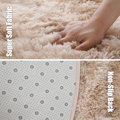 Tie-Dyed Beige Fluffy Round Rug,Soft Area Rugs for Girls Room,Shaggy Rugs 4'X4' for Living Room,Non Slip Circle Rug for Kids Bedroom,Shag Plush Nursery Carpets,Fuzzy Rug for Dorm,Room Decor Carpet