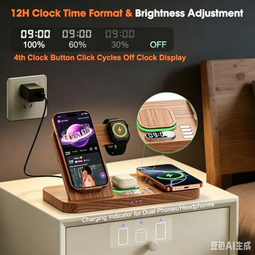 Image of Dual Phone Magnetic Wireless Charging Station for Apple Devices, 7-Color Auto Light & 12H Clock, Multi-Device Charger for iPhone 17 /16 /15, for iWatch 11 /10 /9 & AirPods Pro3(Wood