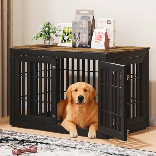Snuowu 48' Heavy Duty Dog Crate Furniture for Small,Medium and Large Dogs,Rustic Wooden Dog Cage Kennel Indoor Furniture with Waterproof Top,Decorative Pet House Side End Table (Black & Wood)