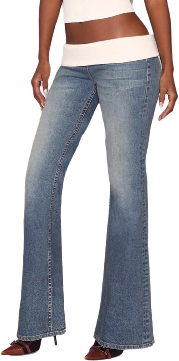 Women's Patchwork Pull on Low Rise Bootcut Jeans Trendy Vintage Y2k Stretch Slim Wide Leg Denim Pants