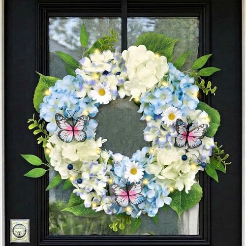 Valery Madelyn Spring Wreaths for Front Door with Lights, Silk Blue White Hydrangeas Floral Summer Wreath with Eucalyptus Leaves Butterfly for Home Porch Window Wedding Arch-18''