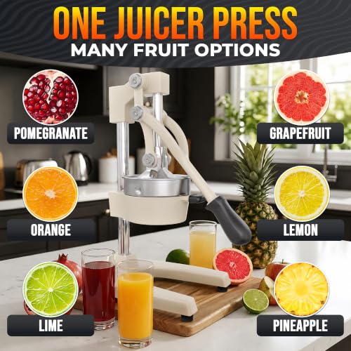 Image of Cast Iron Juicer Hand Press, Heavy-Duty Squeezer (White) | Lever Manual Citrus Press Juicer & Orange Squeezer for Lemon, Lime & Lemonade; Steel Cone & Strainer; for Home or Bar
