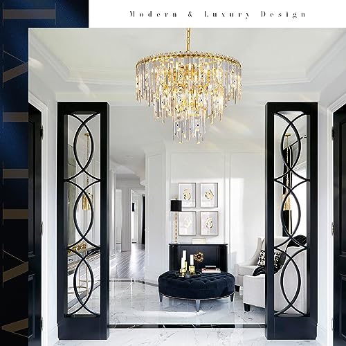 Image of Gold Crystal Chandeliers 24 inch Modern Round Light Fixture for Dining Room
