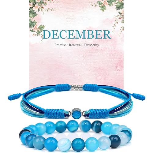 Crgwxzl December Birthstone Bracelets for Women Men Healing Crystal Protection Stone Blue Stripe Agate Beads Bracelet String Wrap Zodiac Month Bracelets Birthday Jewelry Gifts